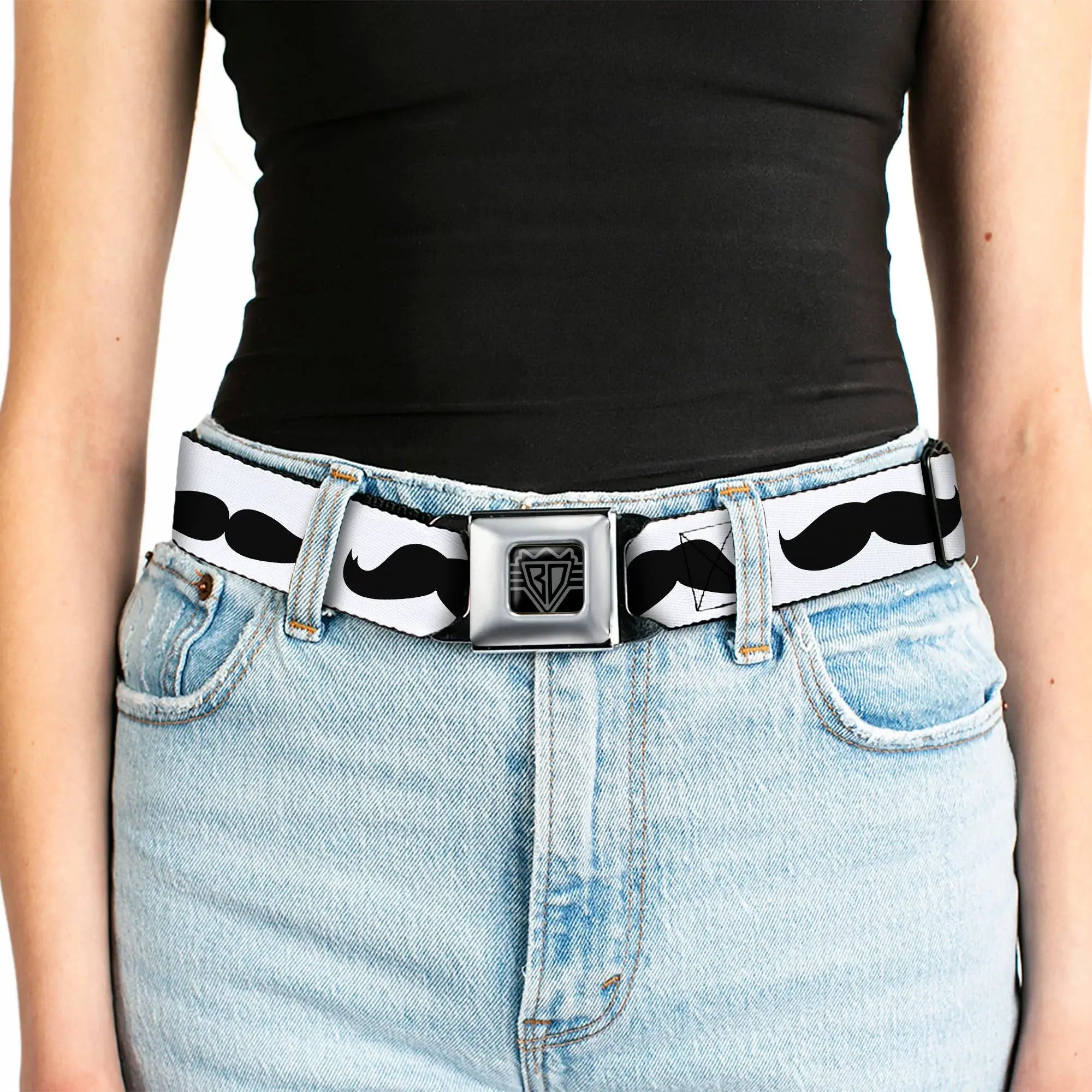 BD Wings Logo CLOSE-UP Full Color Black Silver Seatbelt Belt - Mustache Trio White/Black Webbing - Buckle-Down - Flyclothing LLC
