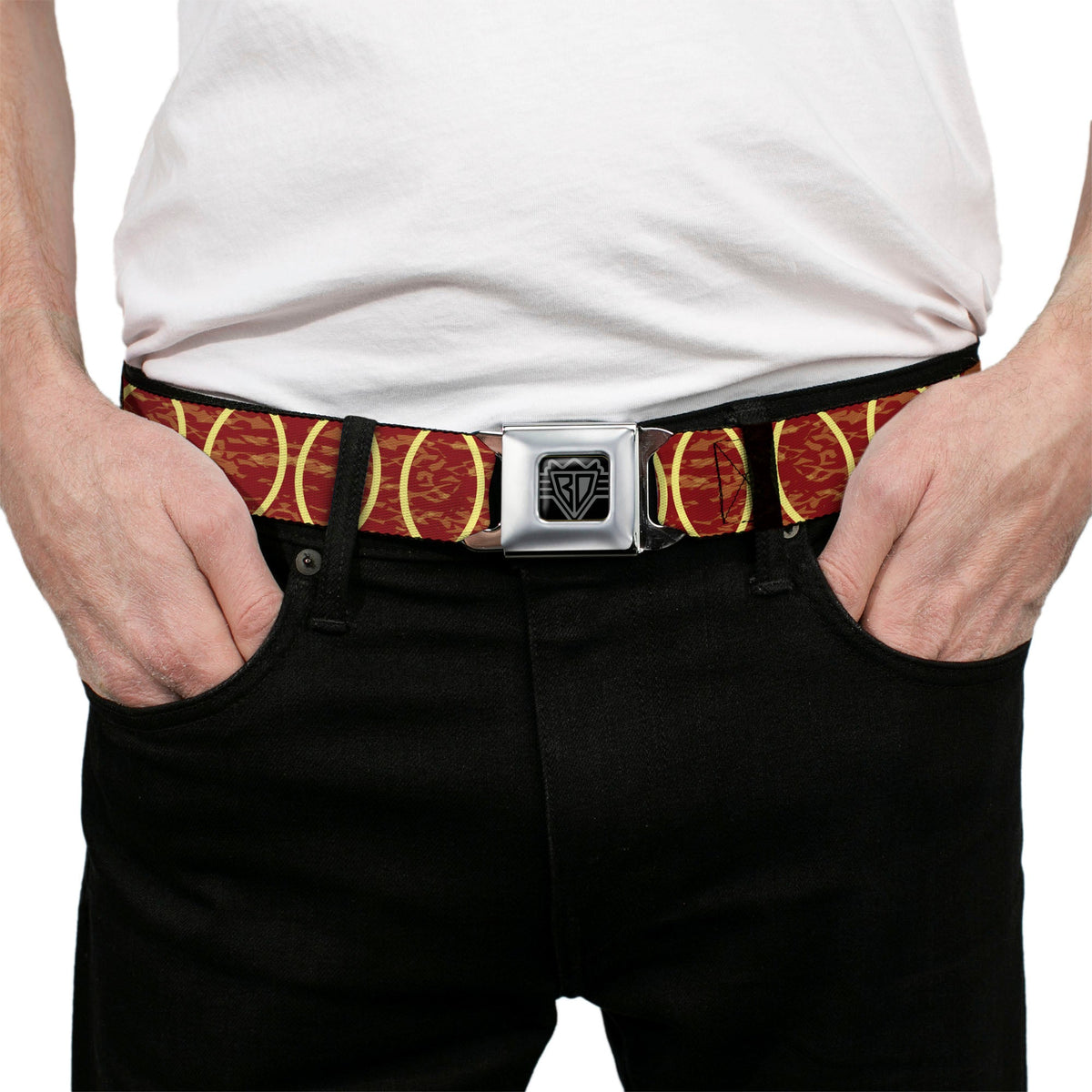 BD Wings Logo CLOSE-UP Full Color Black Silver Seatbelt Belt - Rings Camo Burnt Orange/Yellow Webbing - Buckle-Down - Flyclothing LLC