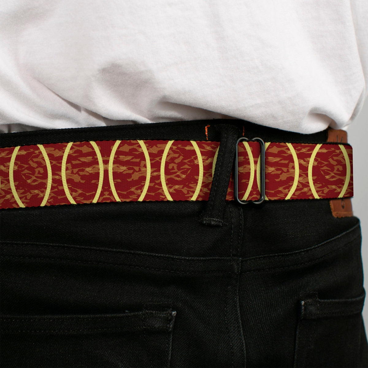 BD Wings Logo CLOSE-UP Full Color Black Silver Seatbelt Belt - Rings Camo Burnt Orange/Yellow Webbing - Buckle-Down - Flyclothing LLC