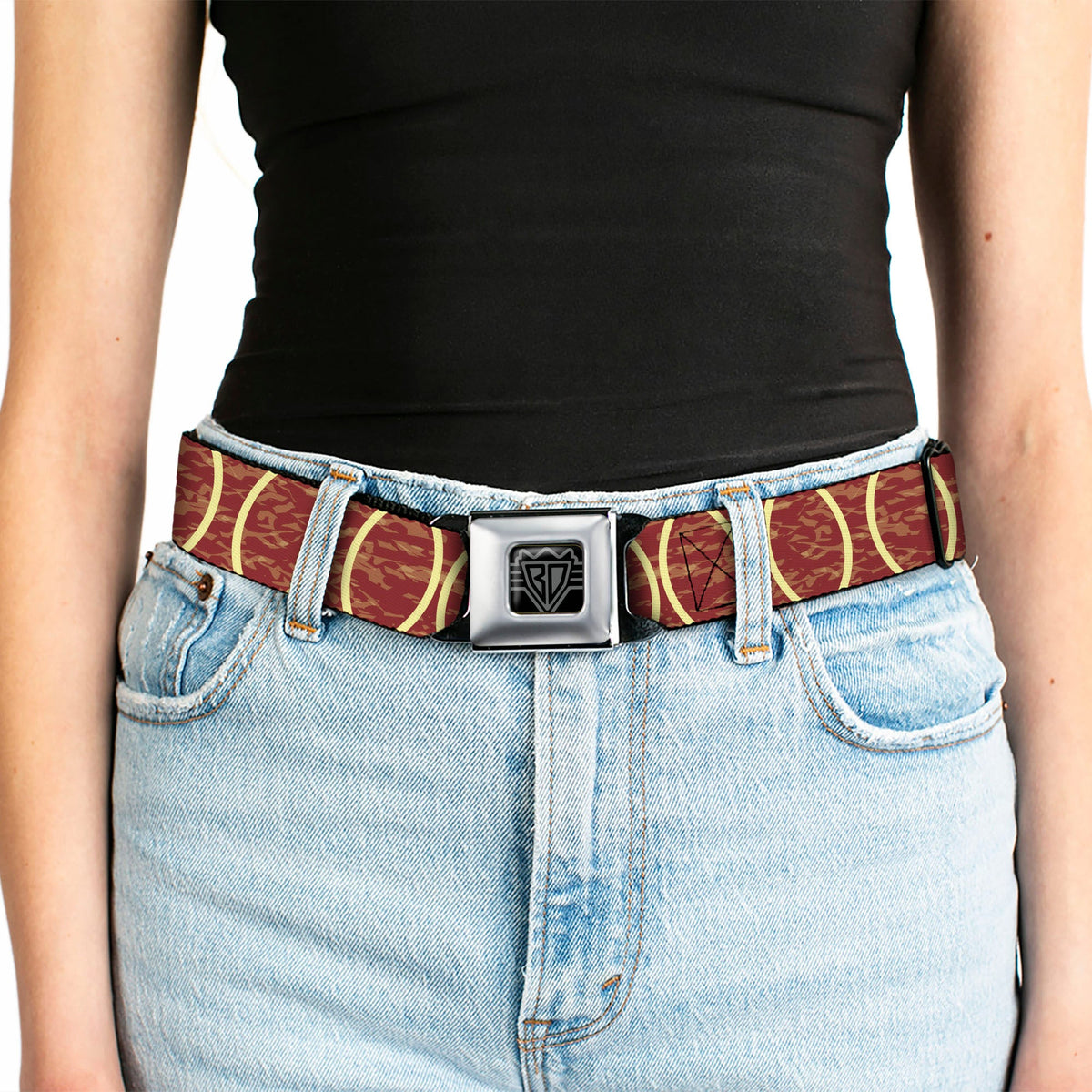 BD Wings Logo CLOSE-UP Full Color Black Silver Seatbelt Belt - Rings Camo Burnt Orange/Yellow Webbing - Buckle-Down - Flyclothing LLC