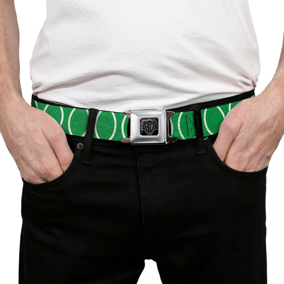 BD Wings Logo CLOSE-UP Full Color Black Silver Seatbelt Belt - Rings Camo Neon Green/White Webbing