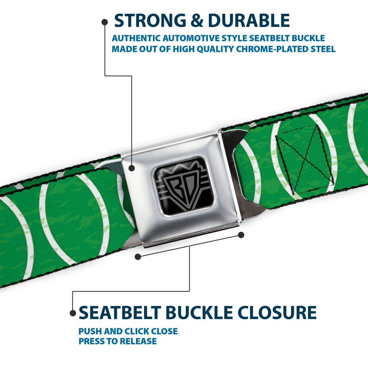 BD Wings Logo CLOSE-UP Full Color Black Silver Seatbelt Belt - Rings Camo Neon Green/White Webbing