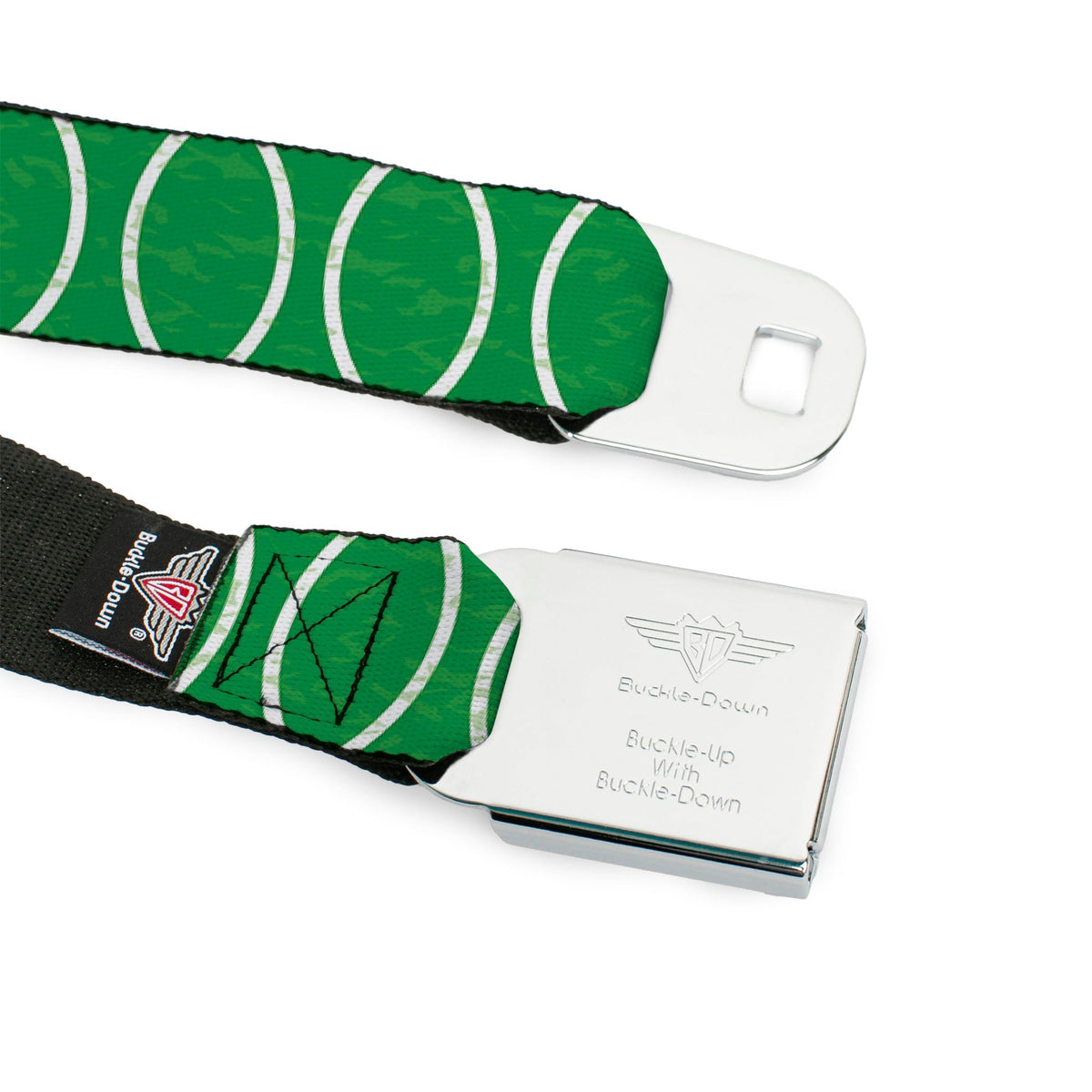 BD Wings Logo CLOSE-UP Full Color Black Silver Seatbelt Belt - Rings Camo Neon Green/White Webbing