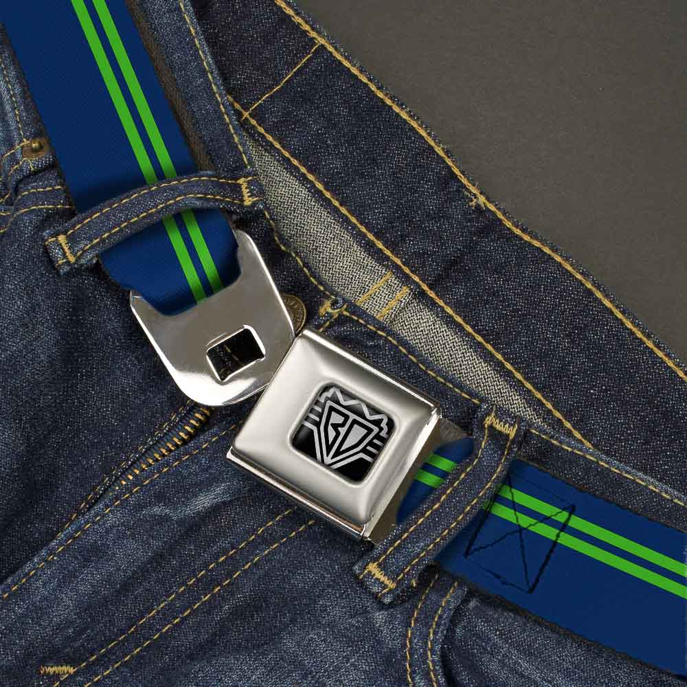 BD Wings Logo CLOSE-UP Full Color Black Silver Seatbelt Belt - Racing Stripe Navy/Bright Green Webbing - Buckle-Down - Flyclothing LLC