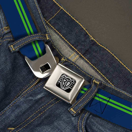 BD Wings Logo CLOSE-UP Full Color Black Silver Seatbelt Belt - Racing Stripe Navy/Bright Green Webbing - Buckle-Down - Flyclothing LLC