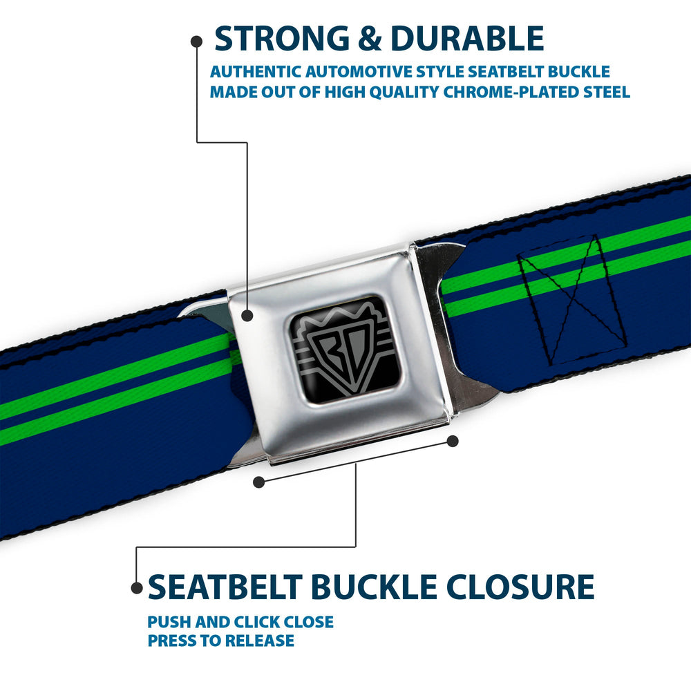 BD Wings Logo CLOSE-UP Full Color Black Silver Seatbelt Belt - Racing Stripe Navy/Bright Green Webbing - Buckle-Down - Flyclothing LLC