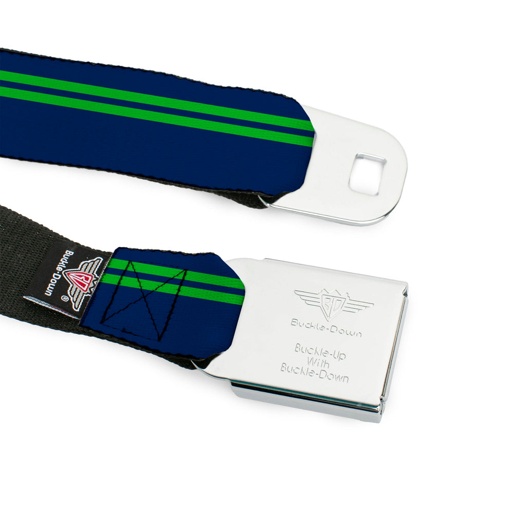 BD Wings Logo CLOSE-UP Full Color Black Silver Seatbelt Belt - Racing Stripe Navy/Bright Green Webbing - Buckle-Down - Flyclothing LLC