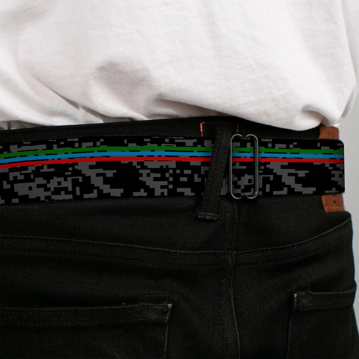 BD Wings Logo CLOSE-UP Full Color Black Silver Seatbelt Belt - Racing Stripes/Digital Camo Black/Gray/Green/Blue/Red Webbing