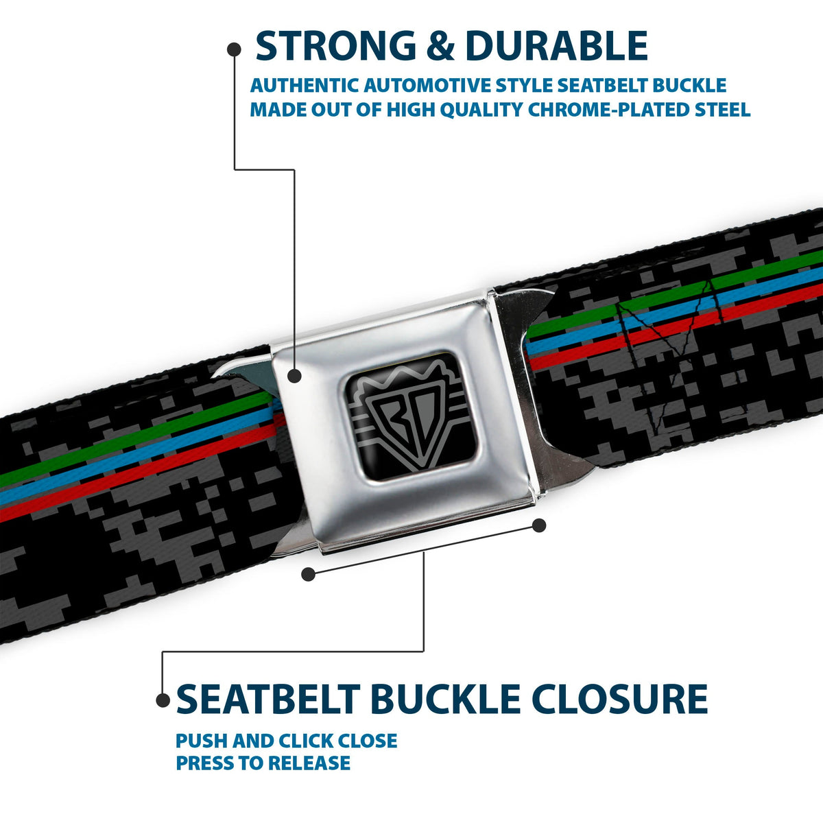 BD Wings Logo CLOSE-UP Full Color Black Silver Seatbelt Belt - Racing Stripes/Digital Camo Black/Gray/Green/Blue/Red Webbing