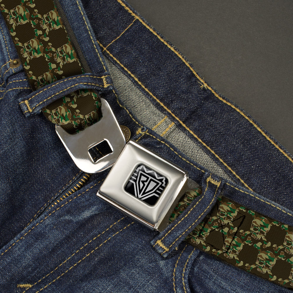 BD Wings Logo CLOSE-UP Full Color Black Silver Seatbelt Belt - Top Skulls Black/Camo Olive Webbing - Buckle-Down - Flyclothing LLC