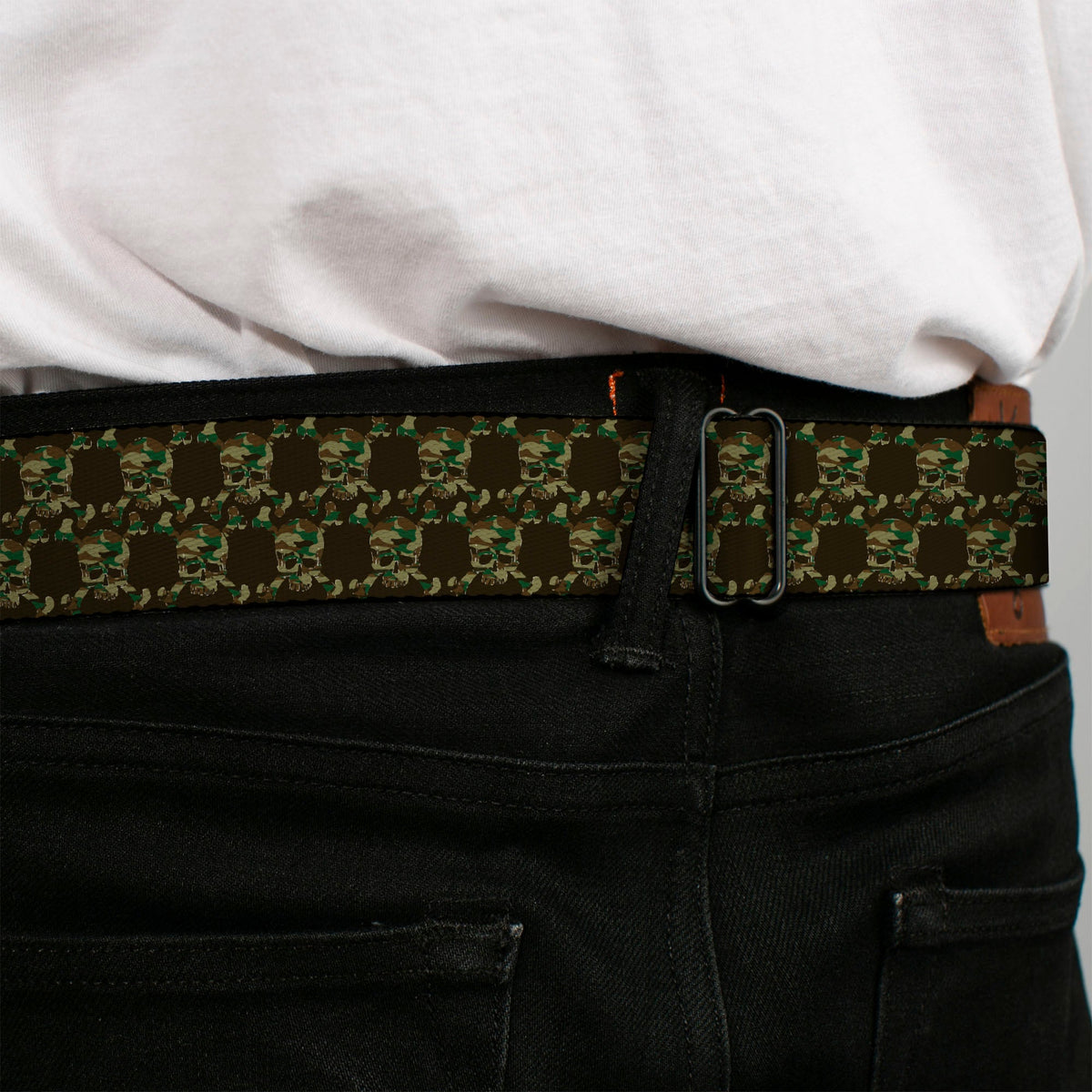 BD Wings Logo CLOSE-UP Full Color Black Silver Seatbelt Belt - Top Skulls Black/Camo Olive Webbing - Buckle-Down - Flyclothing LLC