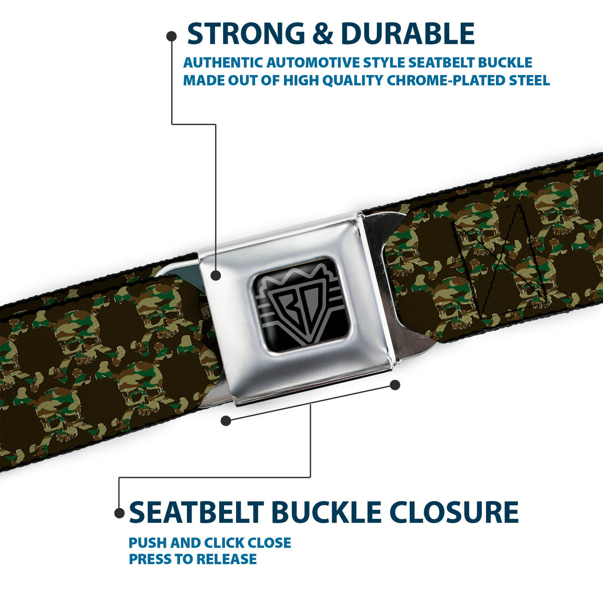 BD Wings Logo CLOSE-UP Full Color Black Silver Seatbelt Belt - Top Skulls Black/Camo Olive Webbing - Buckle-Down - Flyclothing LLC
