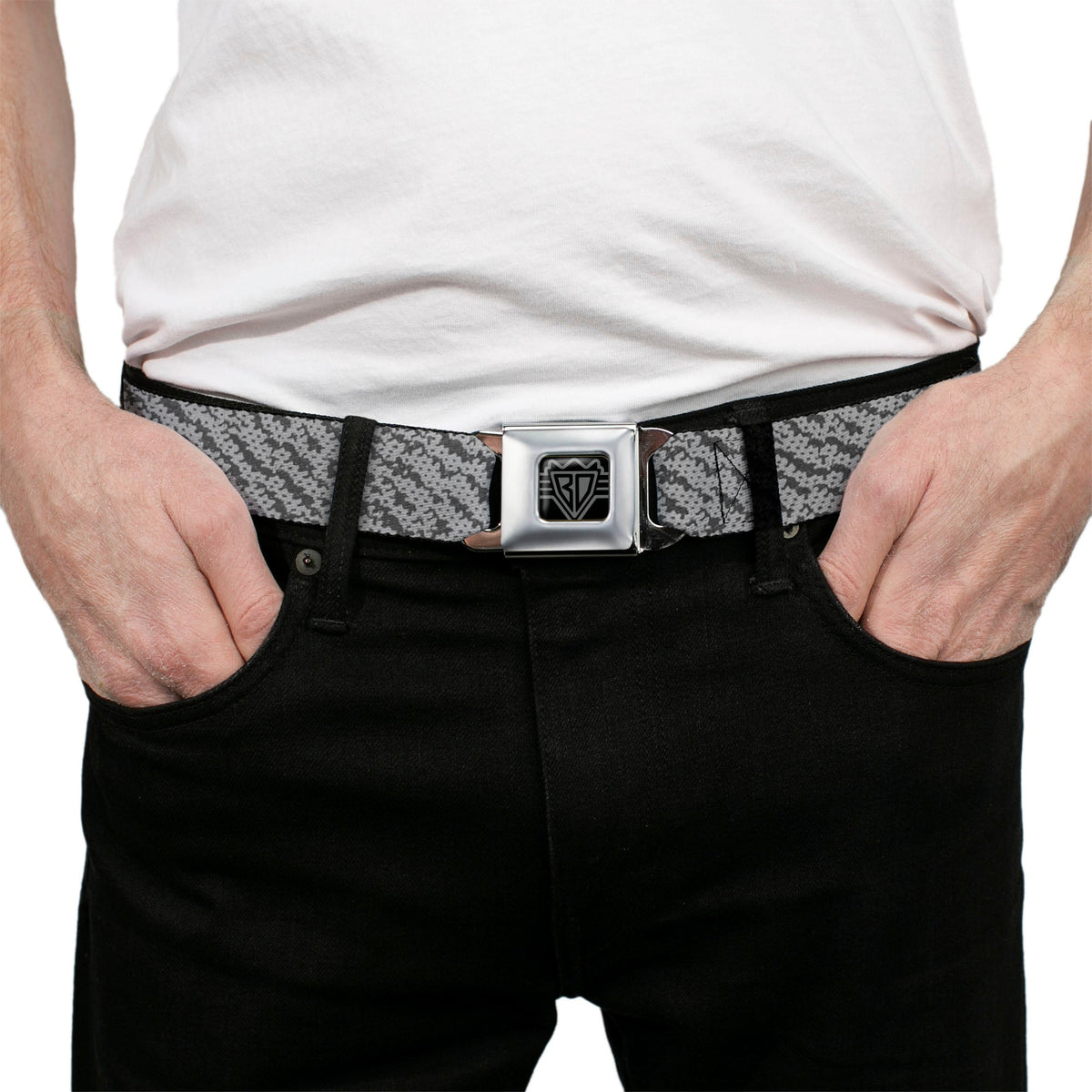 BD Wings Logo CLOSE-UP Full Color Black Silver Seatbelt Belt - Urban Camo Grays Webbing