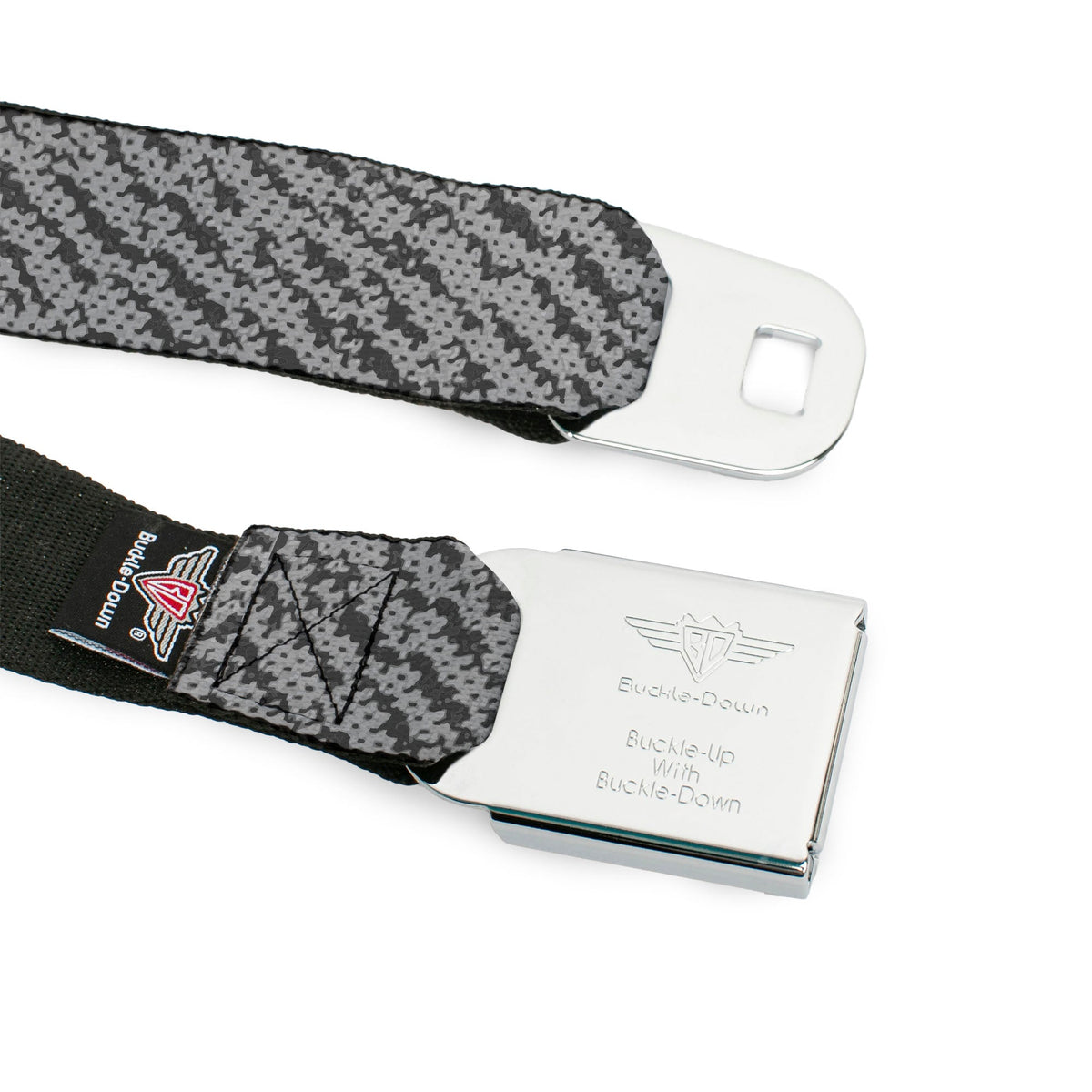 BD Wings Logo CLOSE-UP Full Color Black Silver Seatbelt Belt - Urban Camo Grays Webbing