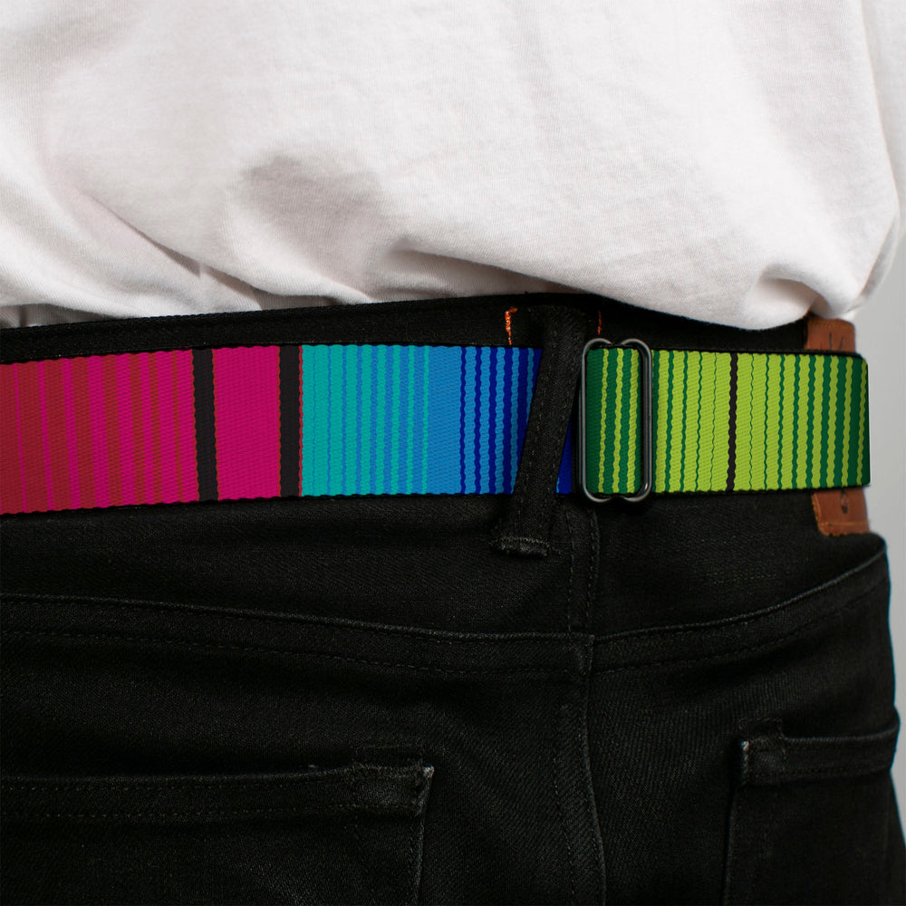 BD Wings Logo CLOSE-UP Full Color Black Silver Seatbelt Belt - Zarape7 Vertical Pinks/Blues/Greens/Black Webbing - Buckle-Down - Flyclothing LLC