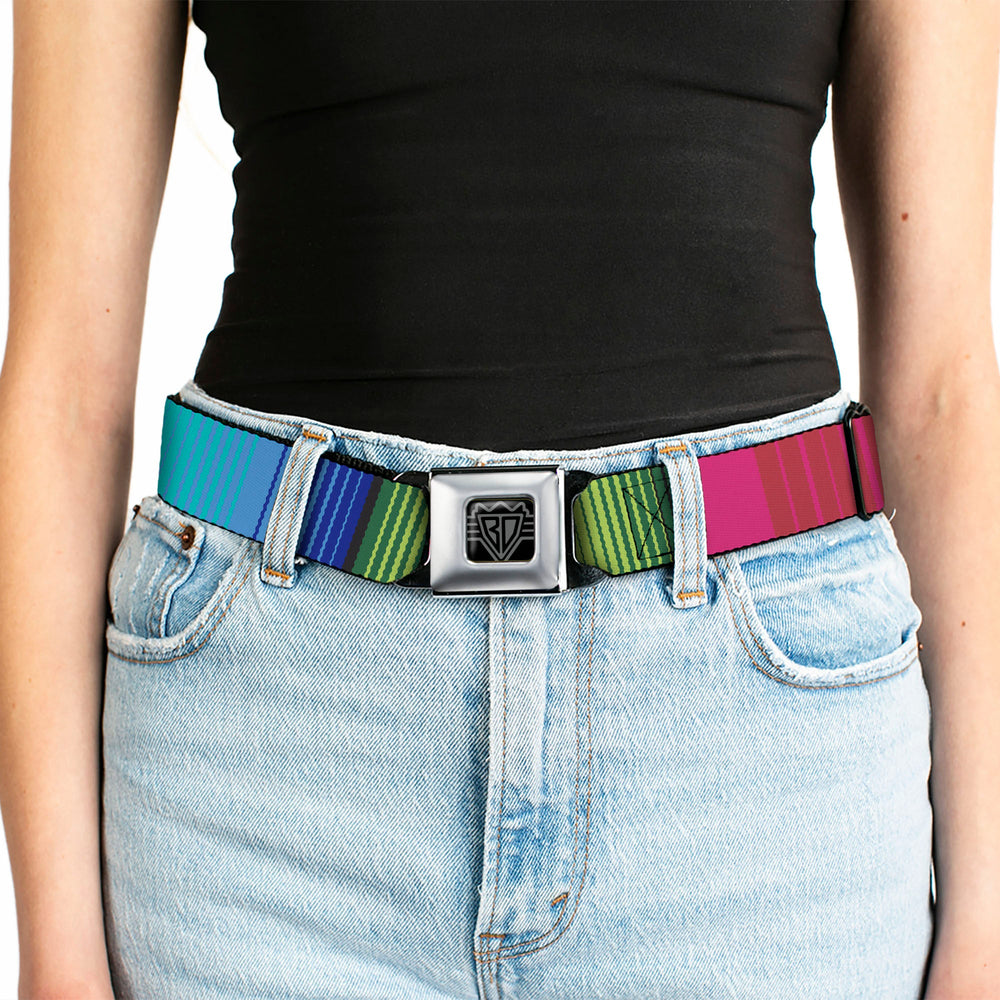 BD Wings Logo CLOSE-UP Full Color Black Silver Seatbelt Belt - Zarape7 Vertical Pinks/Blues/Greens/Black Webbing - Buckle-Down - Flyclothing LLC