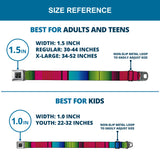 BD Wings Logo CLOSE-UP Full Color Black Silver Seatbelt Belt - Zarape7 Vertical Pinks/Blues/Greens/Black Webbing - Buckle-Down - Flyclothing LLC