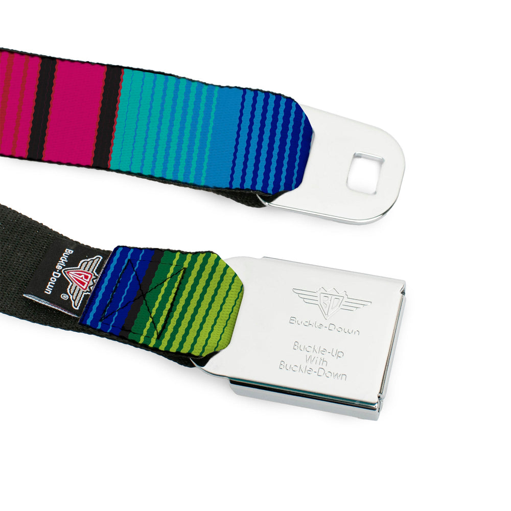 BD Wings Logo CLOSE-UP Full Color Black Silver Seatbelt Belt - Zarape7 Vertical Pinks/Blues/Greens/Black Webbing - Buckle-Down - Flyclothing LLC