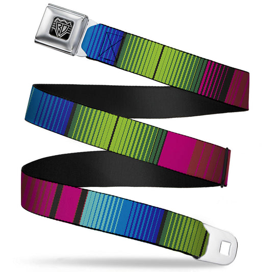 BD Wings Logo CLOSE-UP Full Color Black Silver Seatbelt Belt - Zarape7 Vertical Pinks/Blues/Greens/Black Webbing - Buckle-Down - Flyclothing LLC