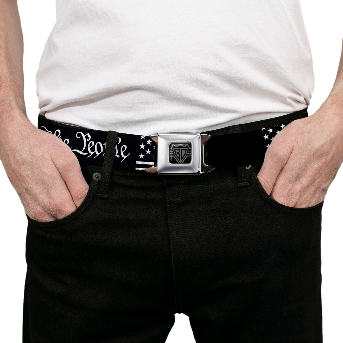 BD Wings Logo CLOSE-UP Black/Silver Seatbelt Belt - Americana Flag/WE THE PEOPLE Black/White Webbing - Buckle-Down - Flyclothing LLC
