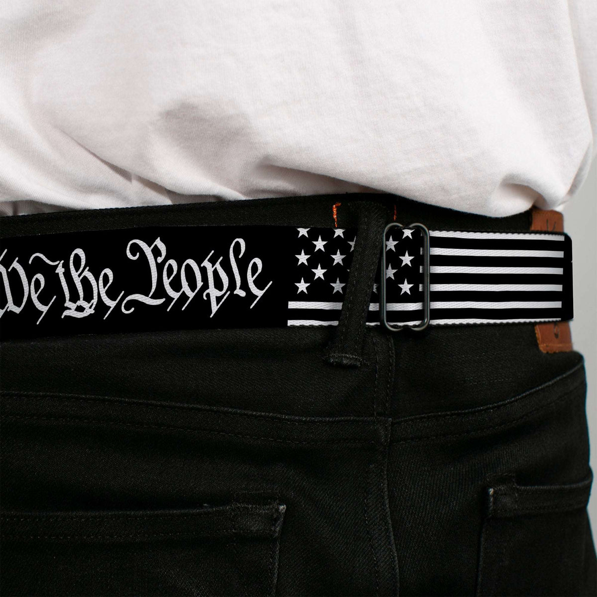 BD Wings Logo CLOSE-UP Black/Silver Seatbelt Belt - Americana Flag/WE THE PEOPLE Black/White Webbing - Buckle-Down - Flyclothing LLC