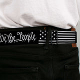BD Wings Logo CLOSE-UP Black/Silver Seatbelt Belt - Americana Flag/WE THE PEOPLE Black/White Webbing - Buckle-Down - Flyclothing LLC