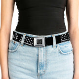 BD Wings Logo CLOSE-UP Black/Silver Seatbelt Belt - Americana Flag/WE THE PEOPLE Black/White Webbing - Buckle-Down - Flyclothing LLC