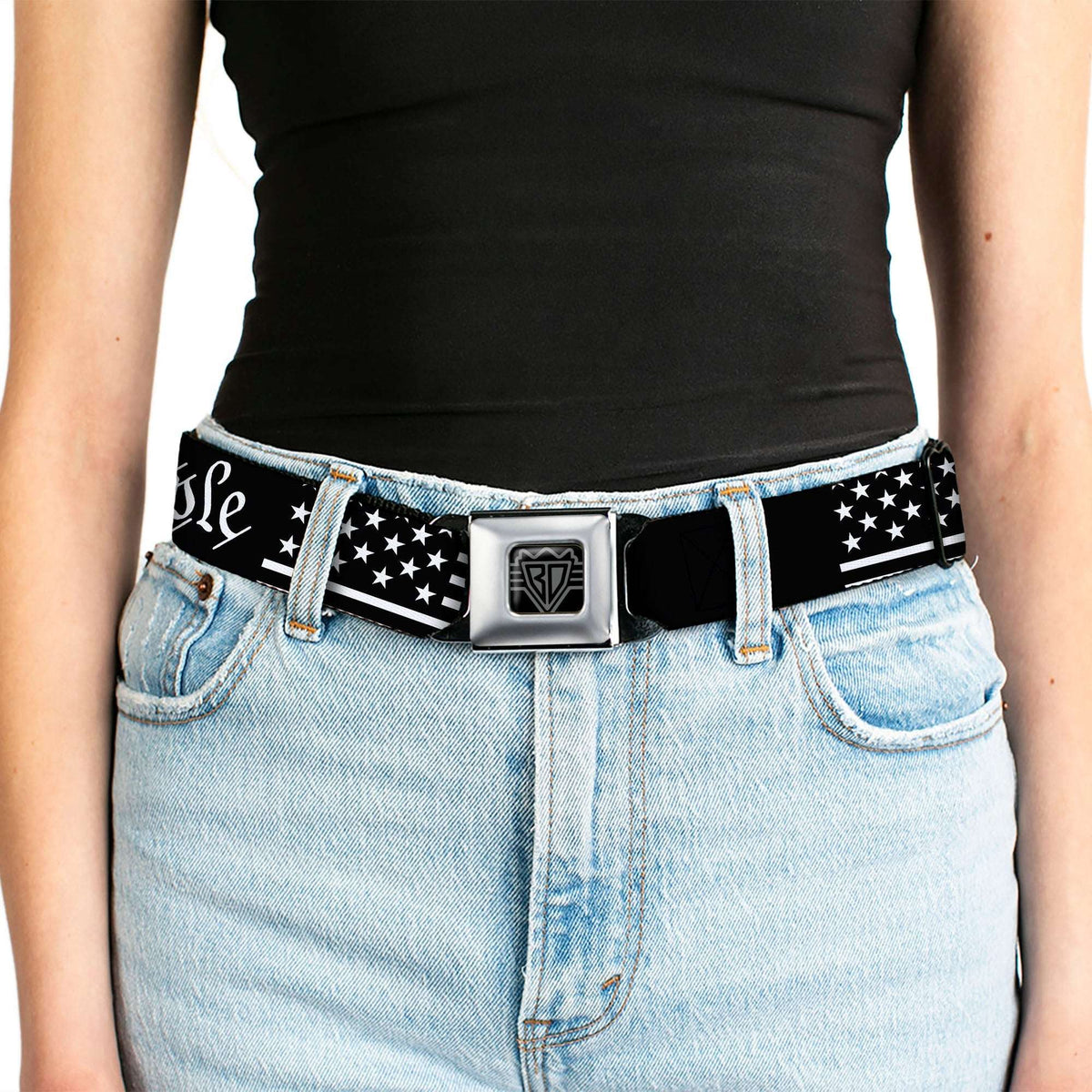 BD Wings Logo CLOSE-UP Black/Silver Seatbelt Belt - Americana Flag/WE THE PEOPLE Black/White Webbing - Buckle-Down - Flyclothing LLC