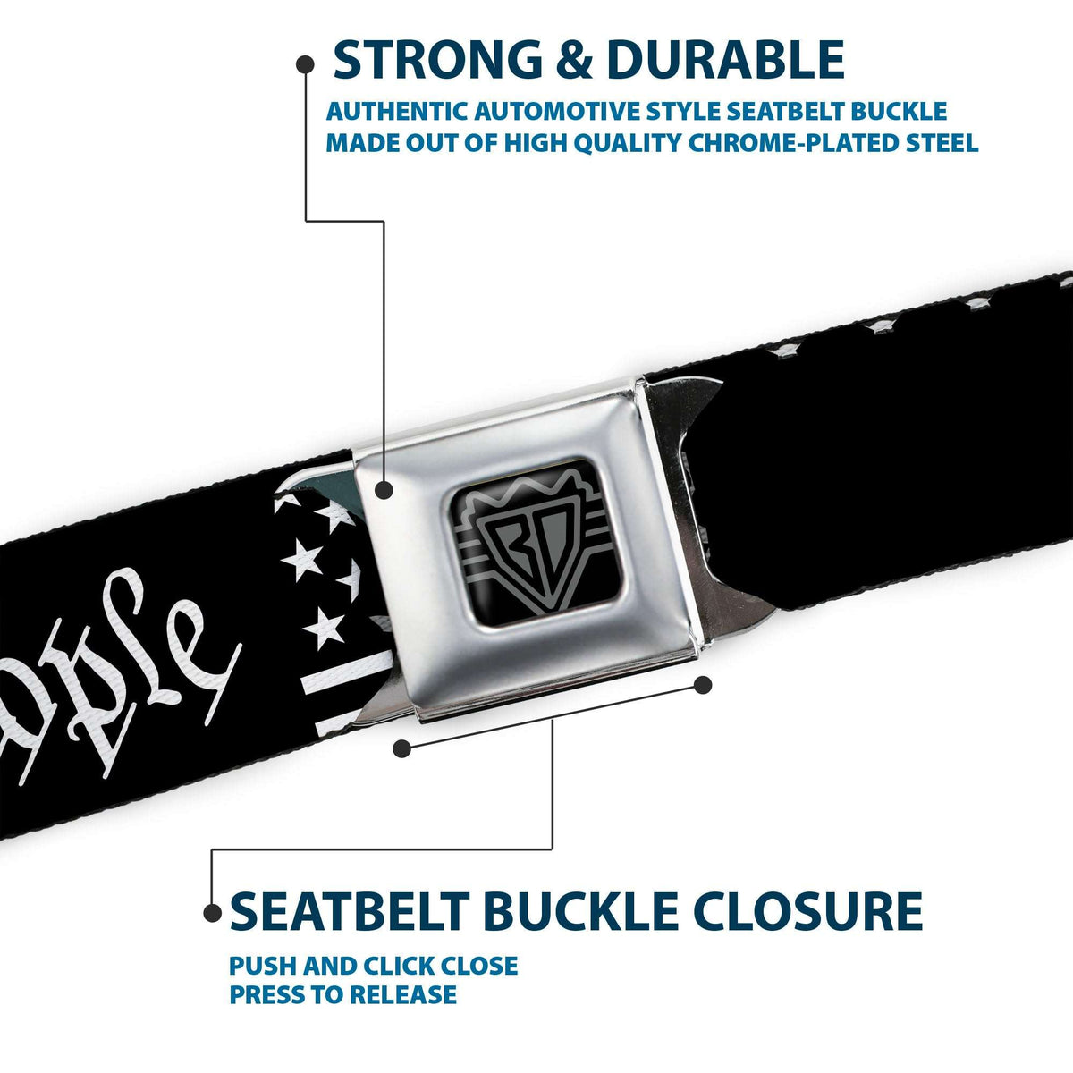 BD Wings Logo CLOSE-UP Black/Silver Seatbelt Belt - Americana Flag/WE THE PEOPLE Black/White Webbing - Buckle-Down - Flyclothing LLC
