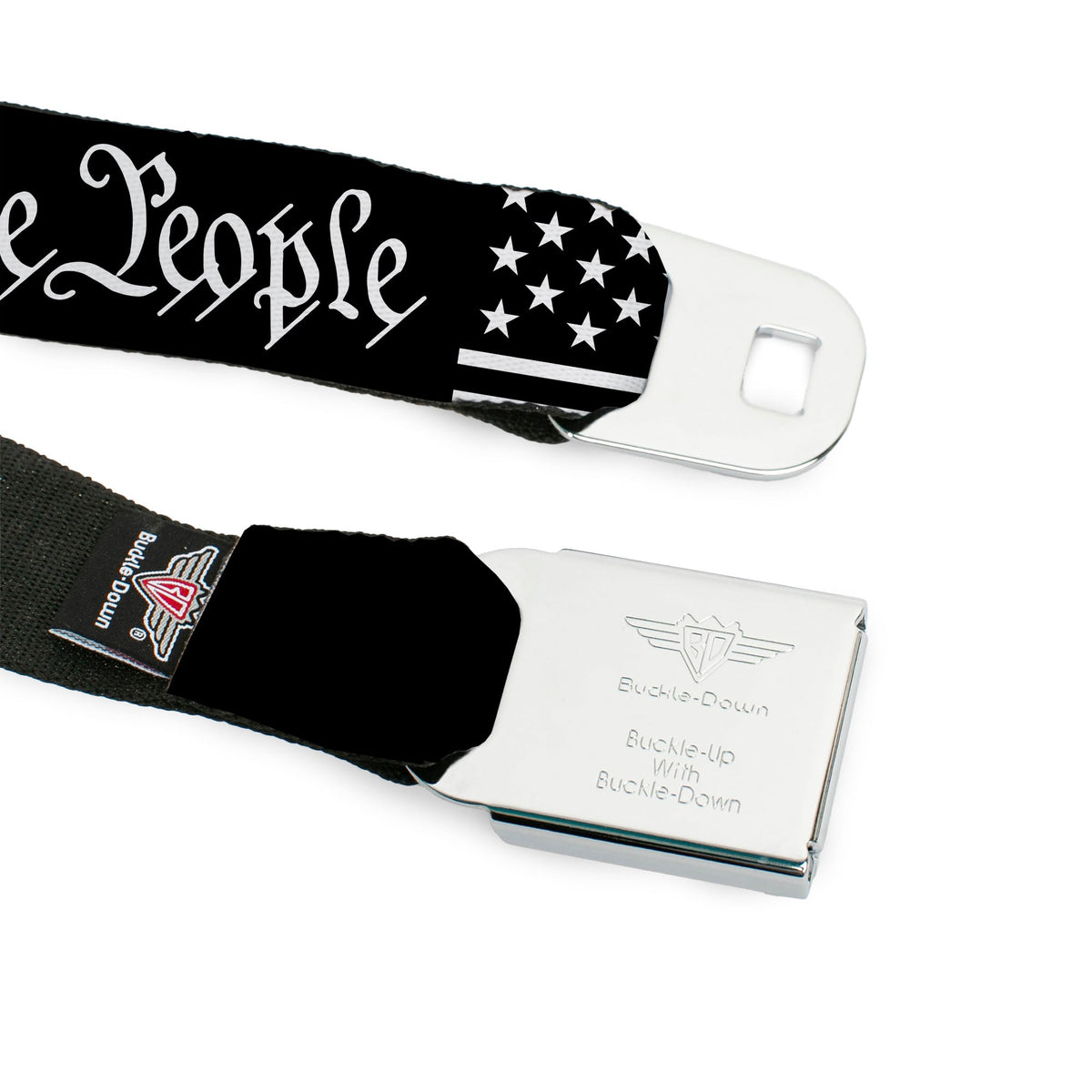 BD Wings Logo CLOSE-UP Black/Silver Seatbelt Belt - Americana Flag/WE THE PEOPLE Black/White Webbing - Buckle-Down - Flyclothing LLC