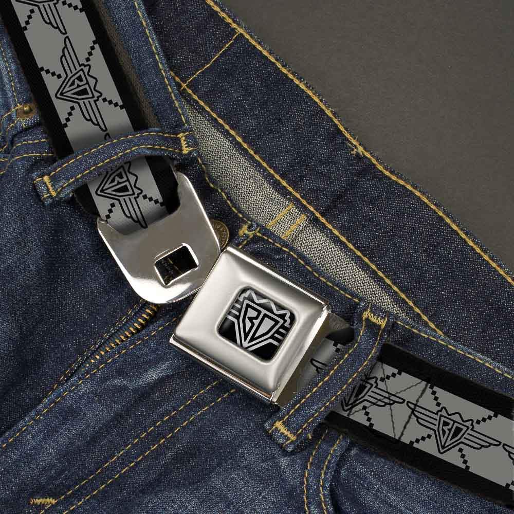 BD Wings Logo CLOSE-UP Full Color Black Silver Seatbelt Belt - BD Monogram2 Gray/Black Webbing - Buckle-Down - Flyclothing LLC