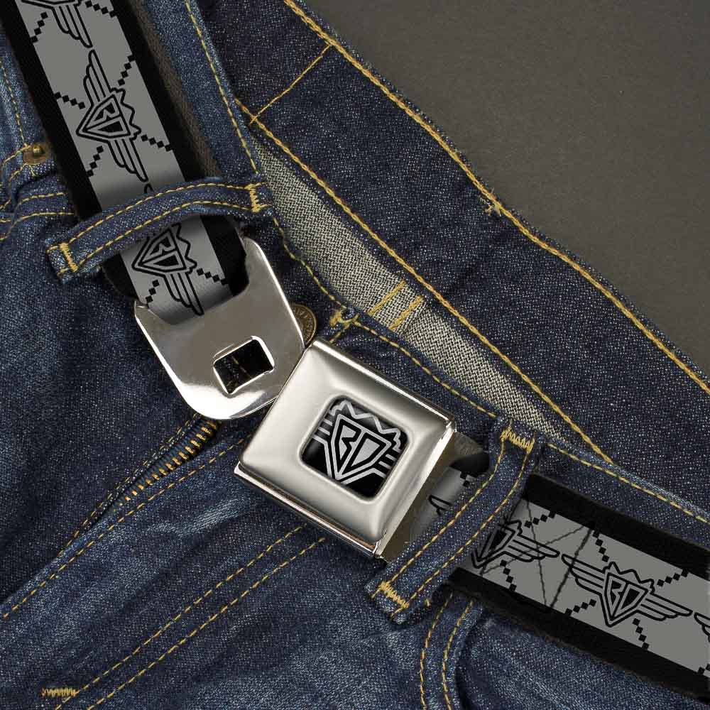 BD Wings Logo CLOSE-UP Full Color Black Silver Seatbelt Belt - BD Monogram2 Gray/Black Webbing - Buckle-Down - Flyclothing LLC