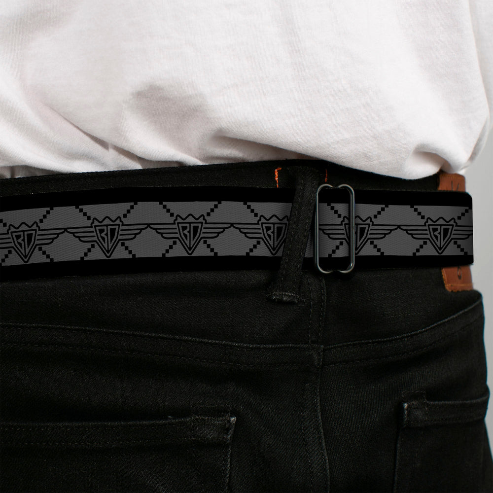BD Wings Logo CLOSE-UP Full Color Black Silver Seatbelt Belt - BD Monogram2 Gray/Black Webbing - Buckle-Down - Flyclothing LLC