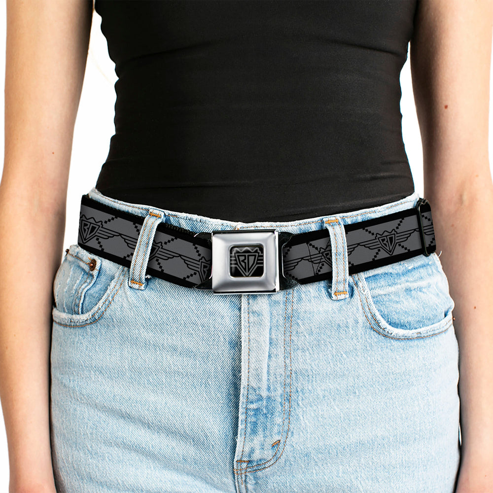 BD Wings Logo CLOSE-UP Full Color Black Silver Seatbelt Belt - BD Monogram2 Gray/Black Webbing - Buckle-Down - Flyclothing LLC