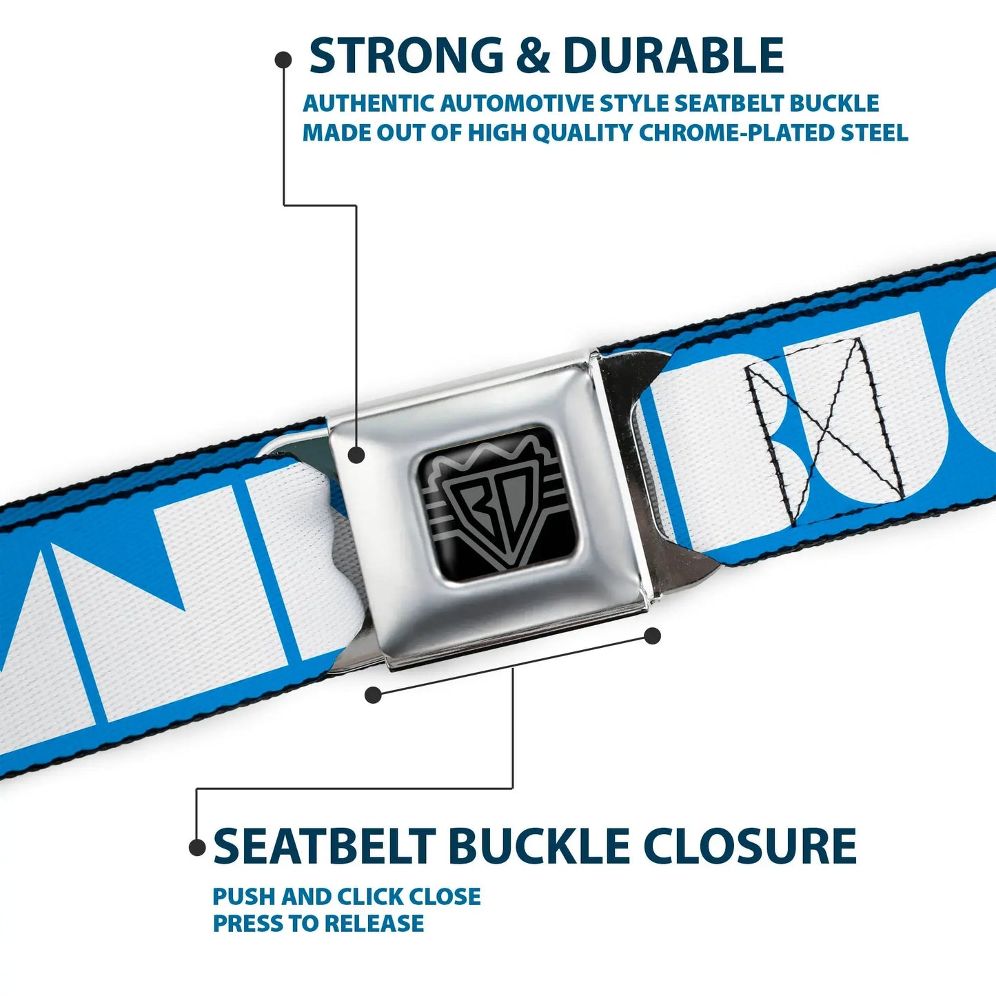 BD Wings Logo CLOSE-UP Full Color Black Silver Seatbelt Belt - BUCKLE-DOWN Shapes Turquoise/White Webbing - Buckle-Down - Flyclothing LLC