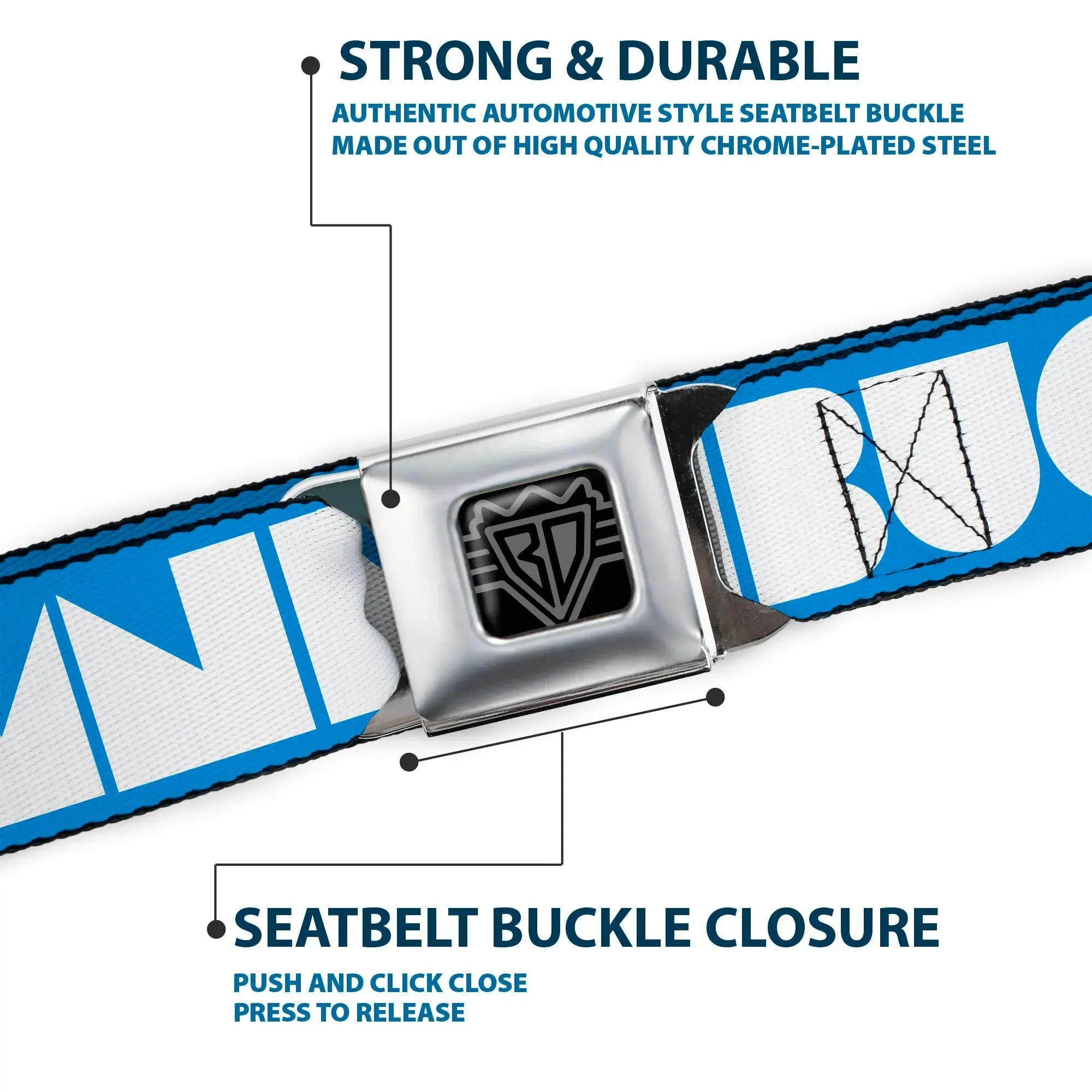 BD Wings Logo CLOSE-UP Full Color Black Silver Seatbelt Belt - BUCKLE-DOWN Shapes Turquoise/White Webbing - Buckle-Down - Flyclothing LLC