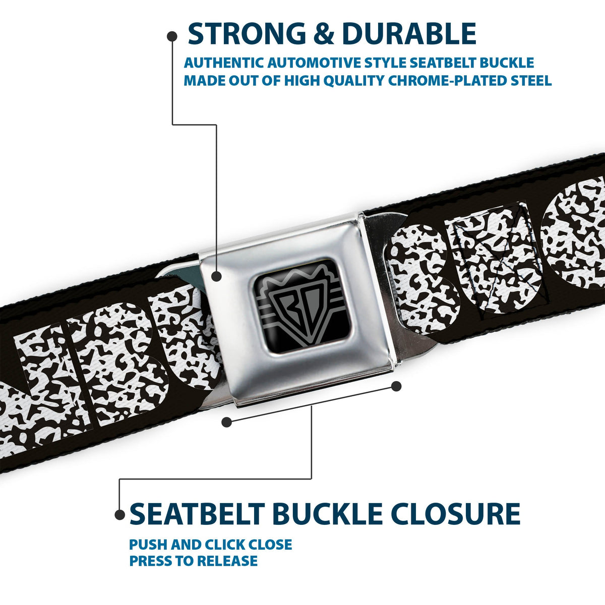 BD Wings Logo CLOSE-UP Full Color Black Silver Seatbelt Belt - BUCKLE-DOWN Shapes Black/Camo White/Black Webbing - Buckle-Down - Flyclothing LLC