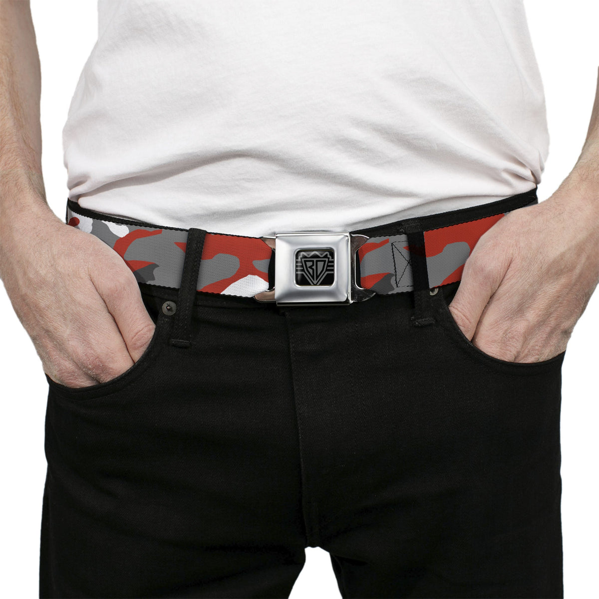 BD Wings Logo CLOSE-UP Full Color Black Silver Seatbelt Belt - Camo Orange Webbing