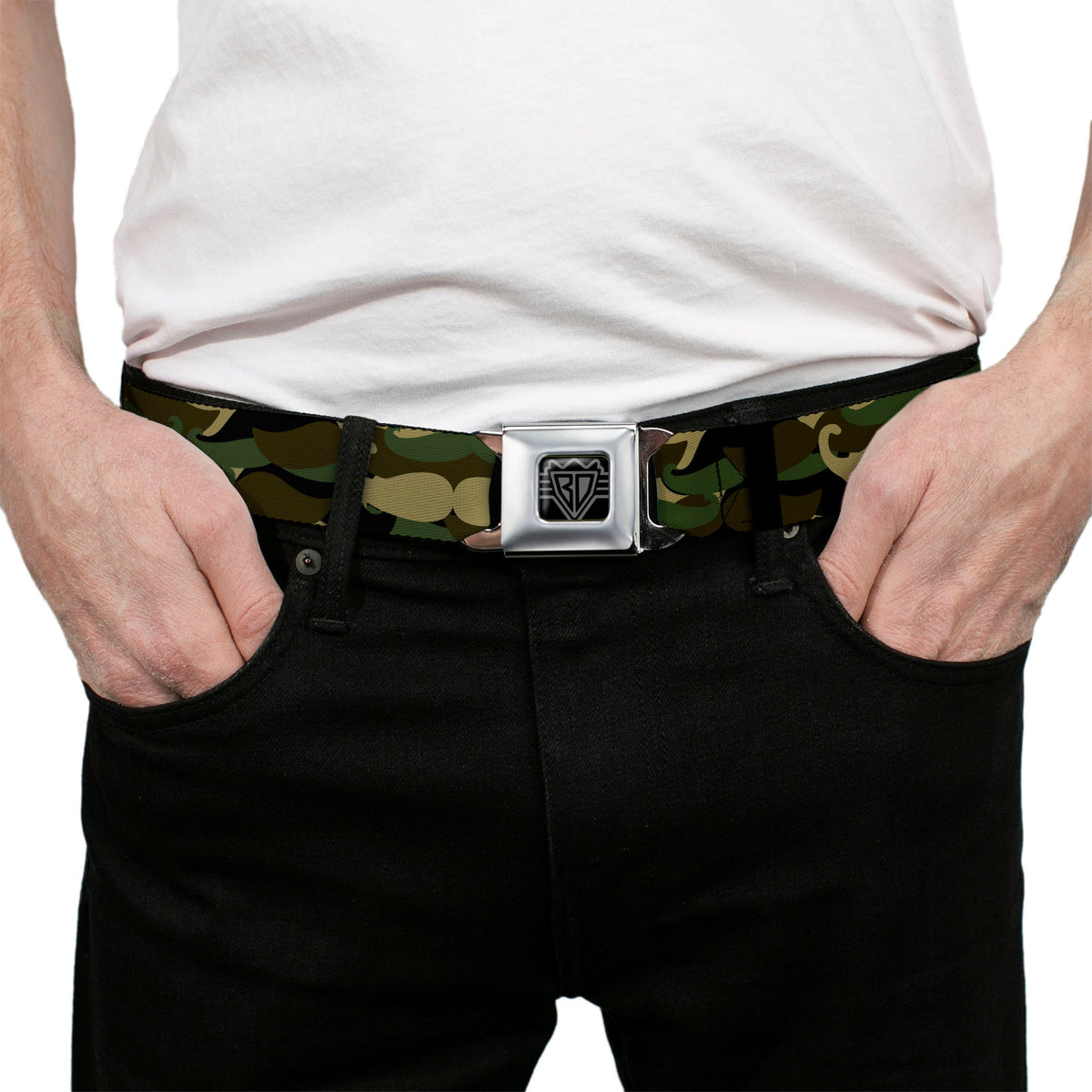 BD Wings Logo CLOSE-UP Full Color Black Silver Seatbelt Belt - Camo'stache Webbing - Buckle-Down - Flyclothing LLC