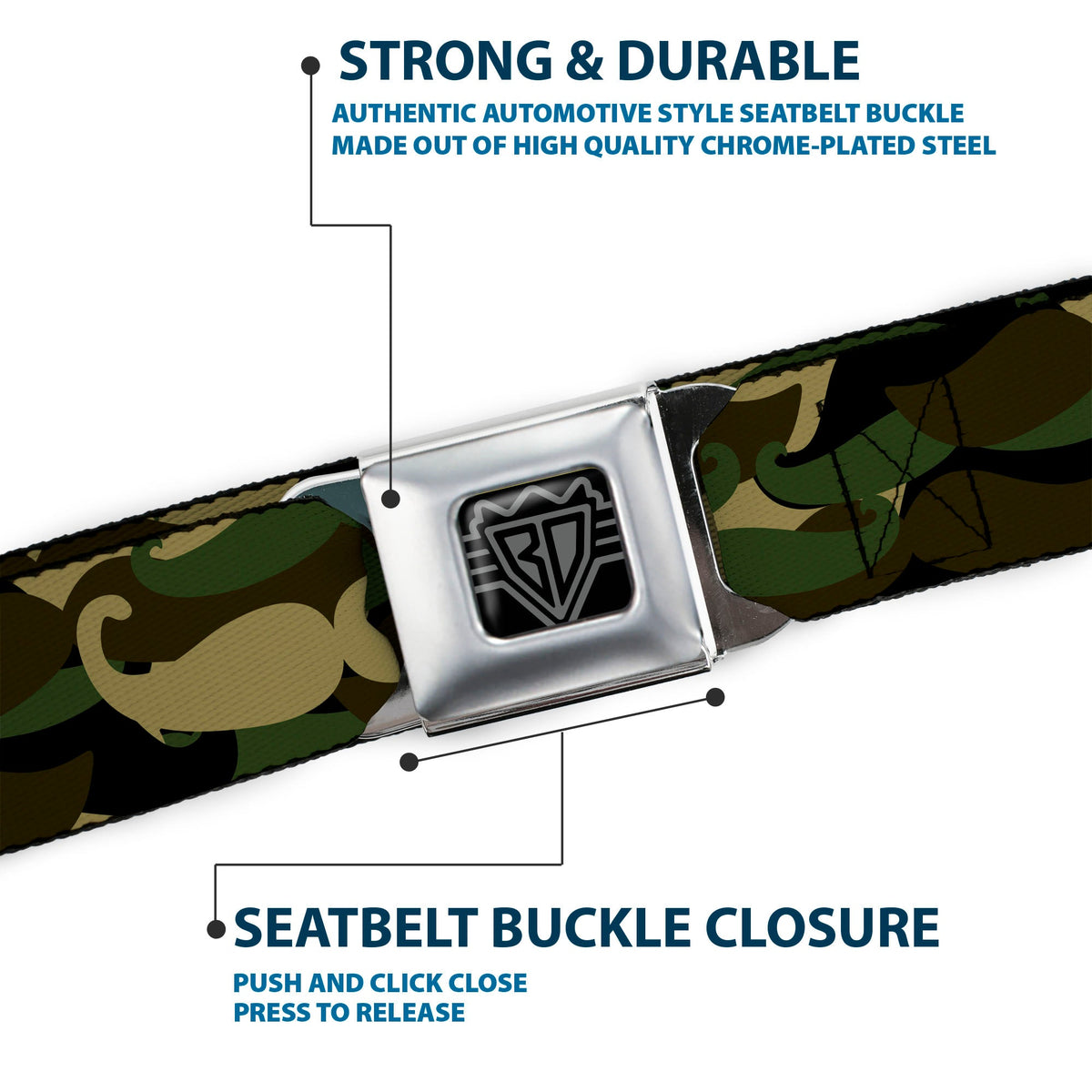 BD Wings Logo CLOSE-UP Full Color Black Silver Seatbelt Belt - Camo'stache Webbing - Buckle-Down - Flyclothing LLC