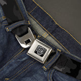 BD Wings Logo CLOSE-UP Full Color Black Silver Seatbelt Belt - Camo Charcoal Webbing - Buckle-Down - Flyclothing LLC