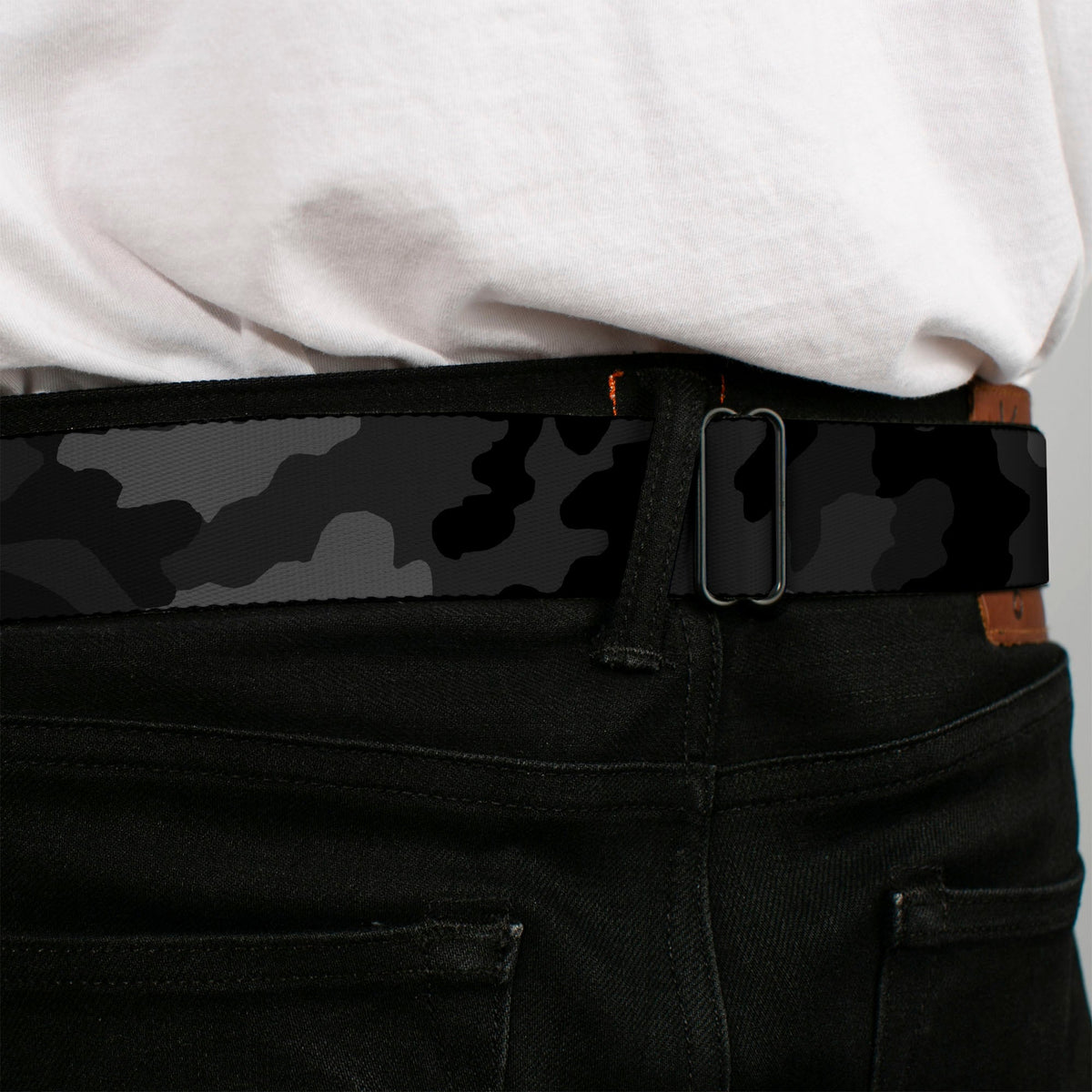 BD Wings Logo CLOSE-UP Full Color Black Silver Seatbelt Belt - Camo Charcoal Webbing - Buckle-Down - Flyclothing LLC