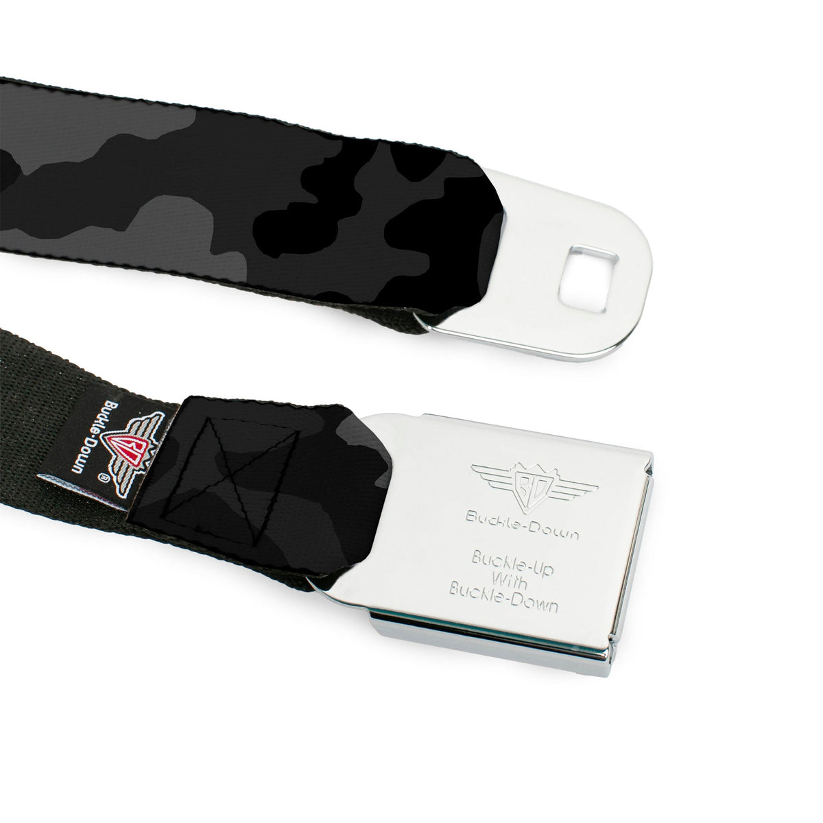 BD Wings Logo CLOSE-UP Full Color Black Silver Seatbelt Belt - Camo Charcoal Webbing - Buckle-Down - Flyclothing LLC