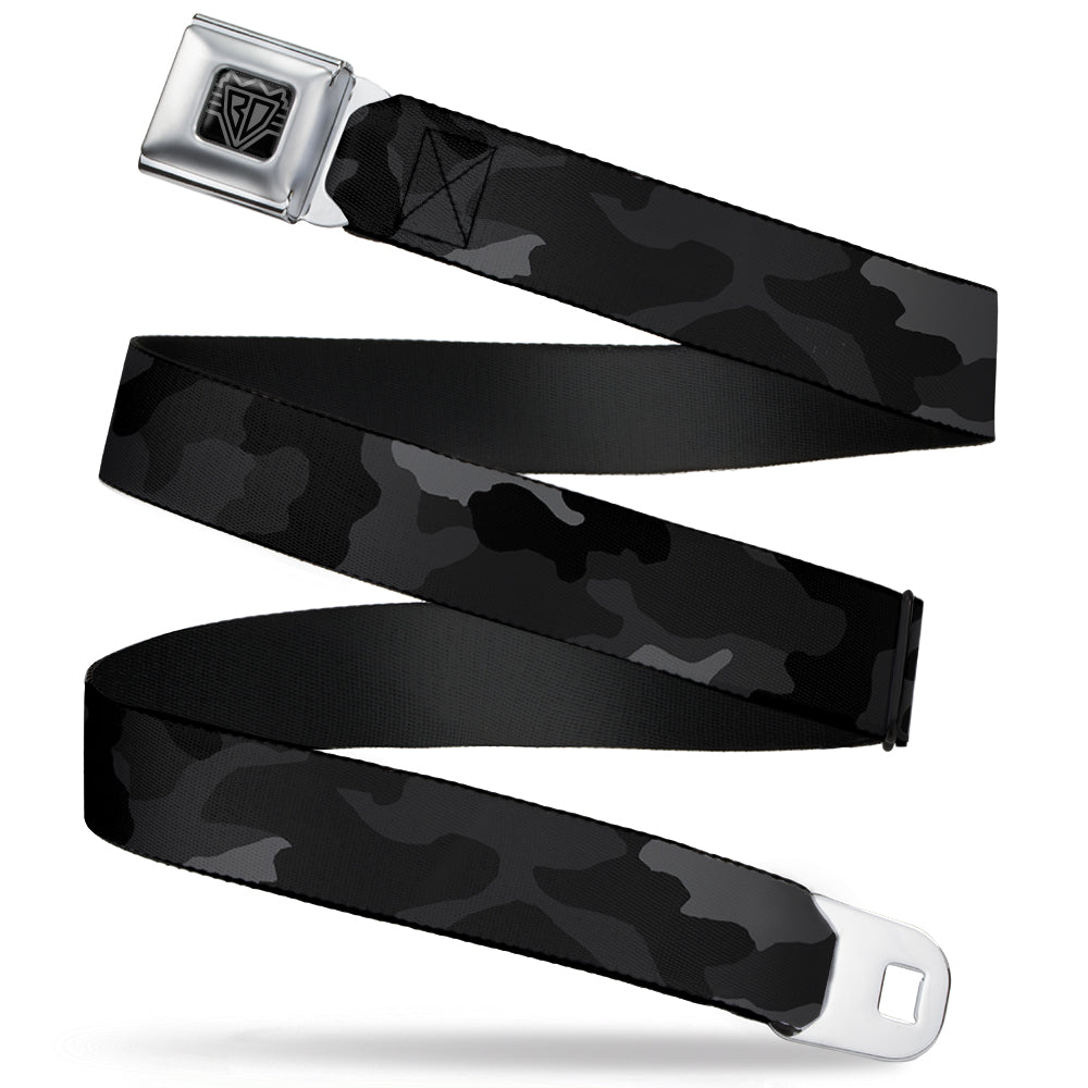 BD Wings Logo CLOSE-UP Full Color Black Silver Seatbelt Belt - Camo Charcoal Webbing - Buckle-Down - Flyclothing LLC