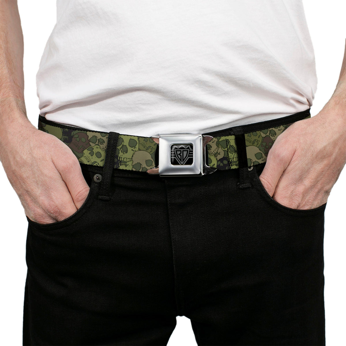 BD Wings Logo CLOSE-UP Full Color Black Silver Seatbelt Belt - Camo Olive Skull Yard Webbing - Buckle-Down - Flyclothing LLC