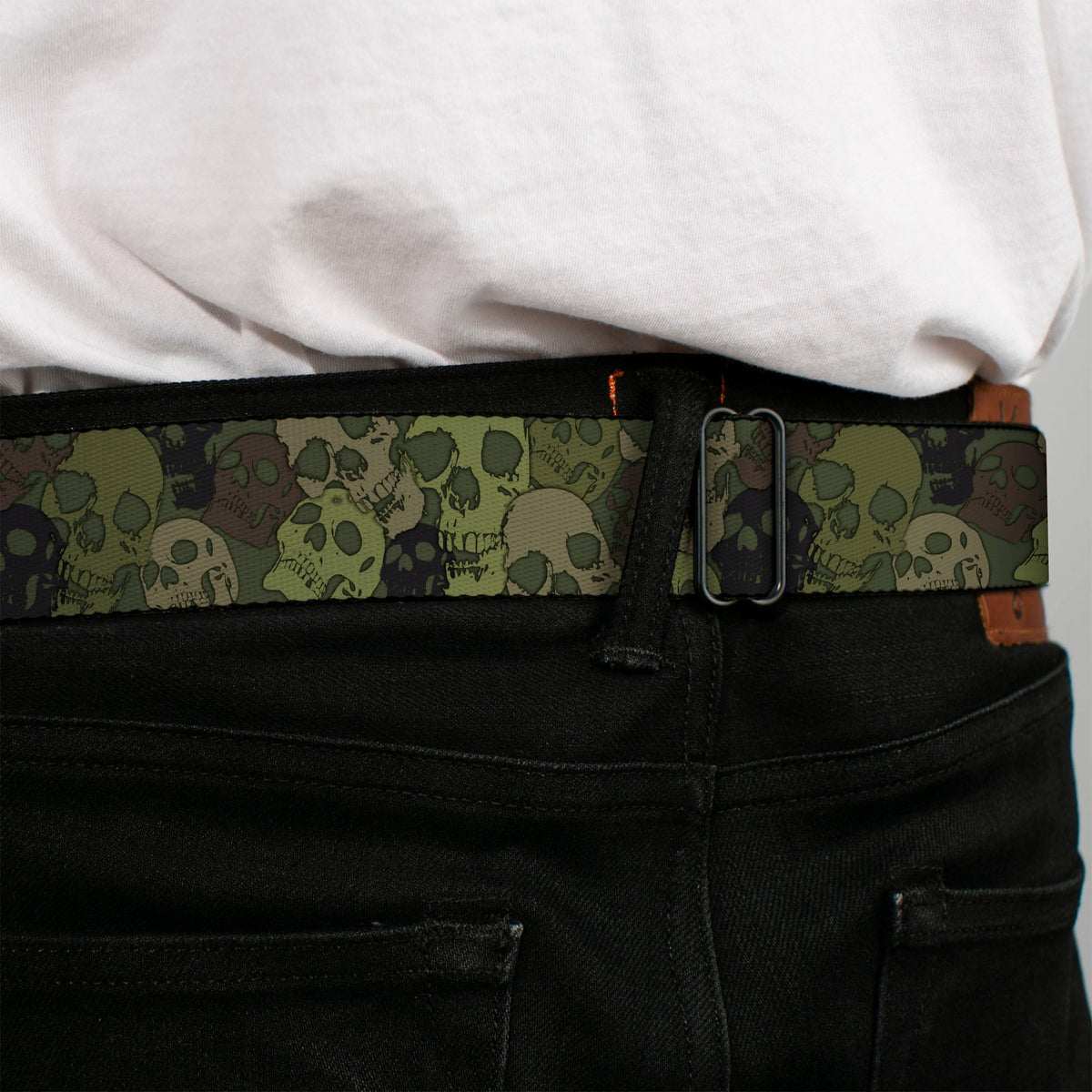 BD Wings Logo CLOSE-UP Full Color Black Silver Seatbelt Belt - Camo Olive Skull Yard Webbing - Buckle-Down - Flyclothing LLC