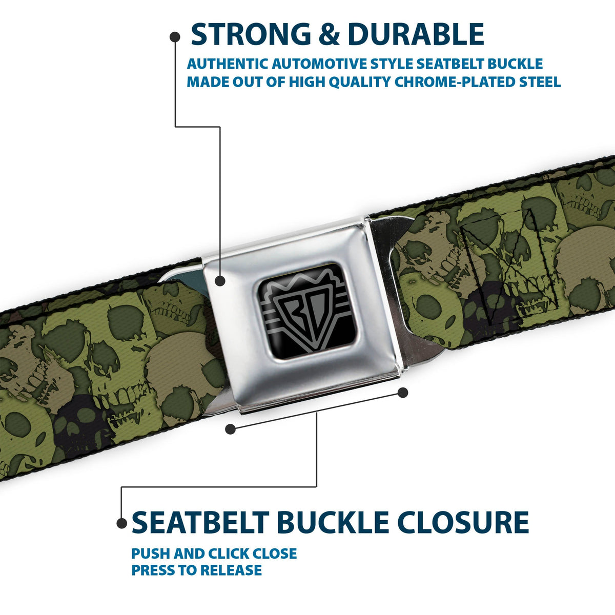 BD Wings Logo CLOSE-UP Full Color Black Silver Seatbelt Belt - Camo Olive Skull Yard Webbing - Buckle-Down - Flyclothing LLC