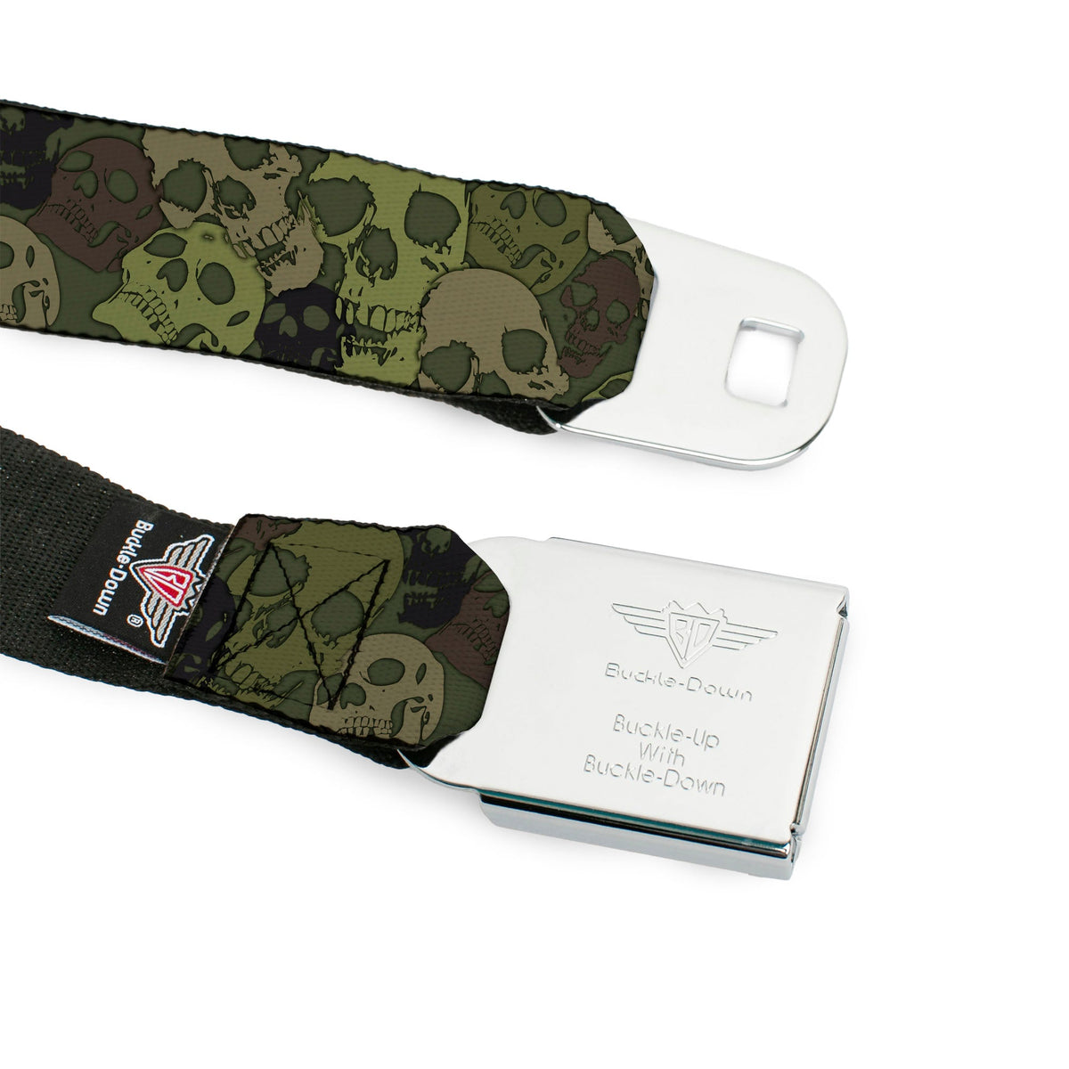 BD Wings Logo CLOSE-UP Full Color Black Silver Seatbelt Belt - Camo Olive Skull Yard Webbing - Buckle-Down - Flyclothing LLC