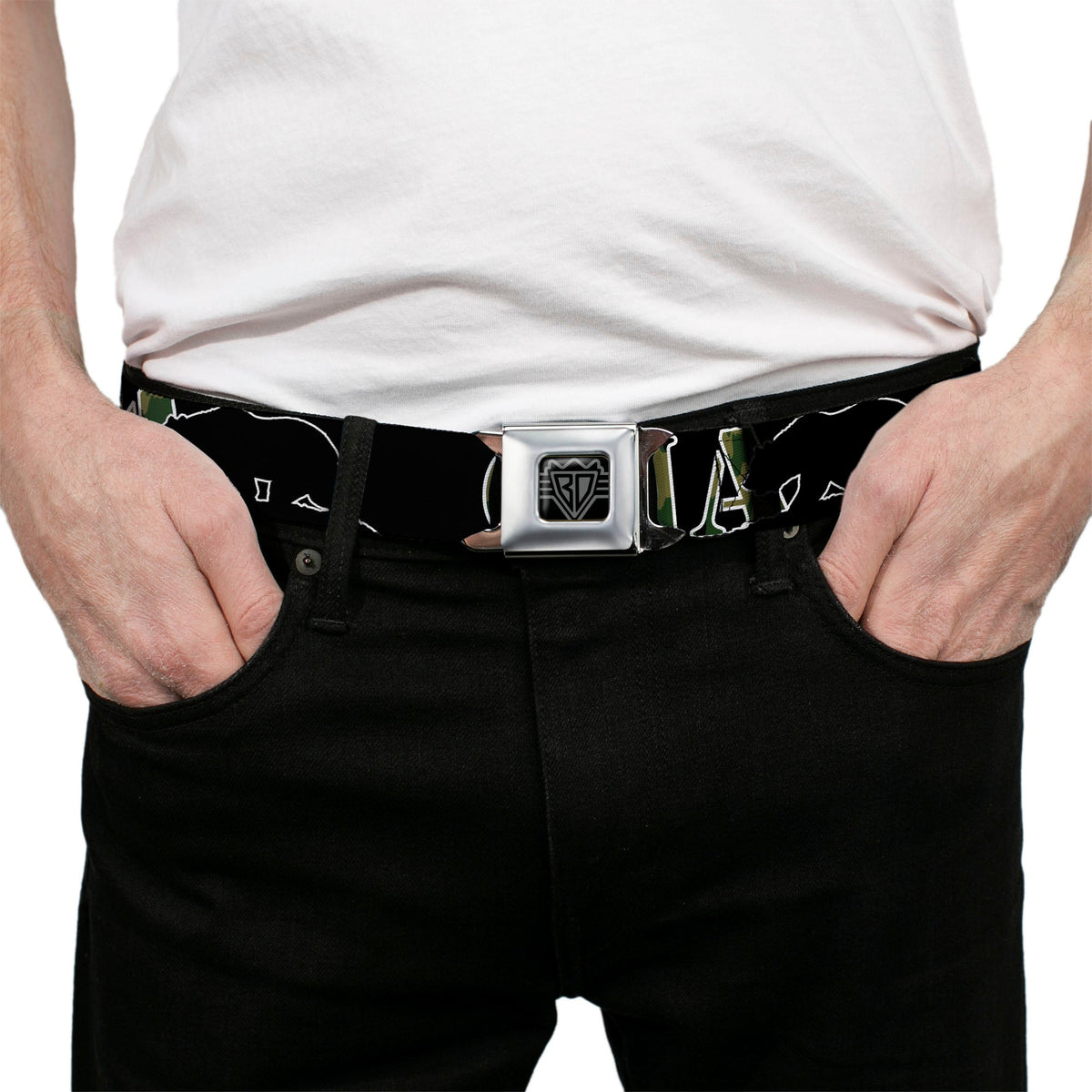 BD Wings Logo CLOSE-UP Full Color Black Silver Seatbelt Belt - CALIFORNIA/Bear Silhouette Black/Camo Olive Webbing