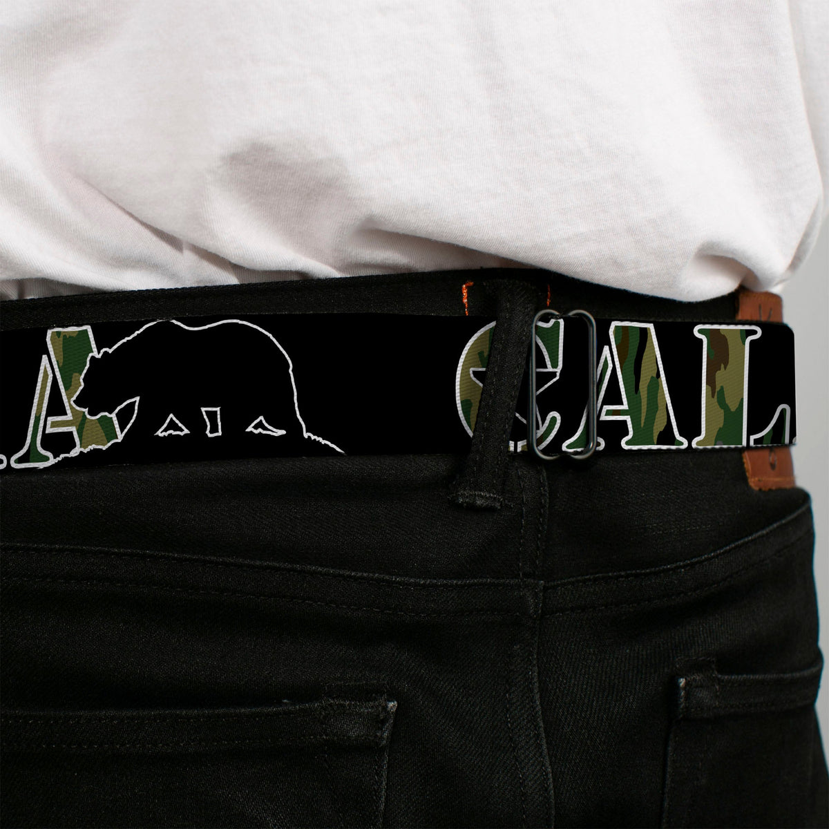 BD Wings Logo CLOSE-UP Full Color Black Silver Seatbelt Belt - CALIFORNIA/Bear Silhouette Black/Camo Olive Webbing